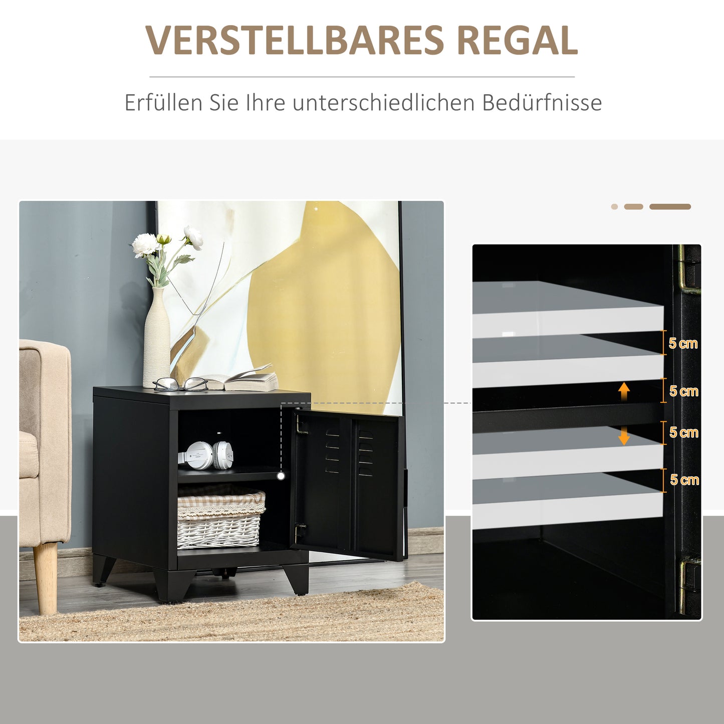 HOMCOM Nachttisch, Beistelltisch mit verstellbarem Regal, Tür, Nachtschrank für Schlafzimmer, Wohnzimmer, Metall, Schwarz, 50 x 40 x 47,5 سم