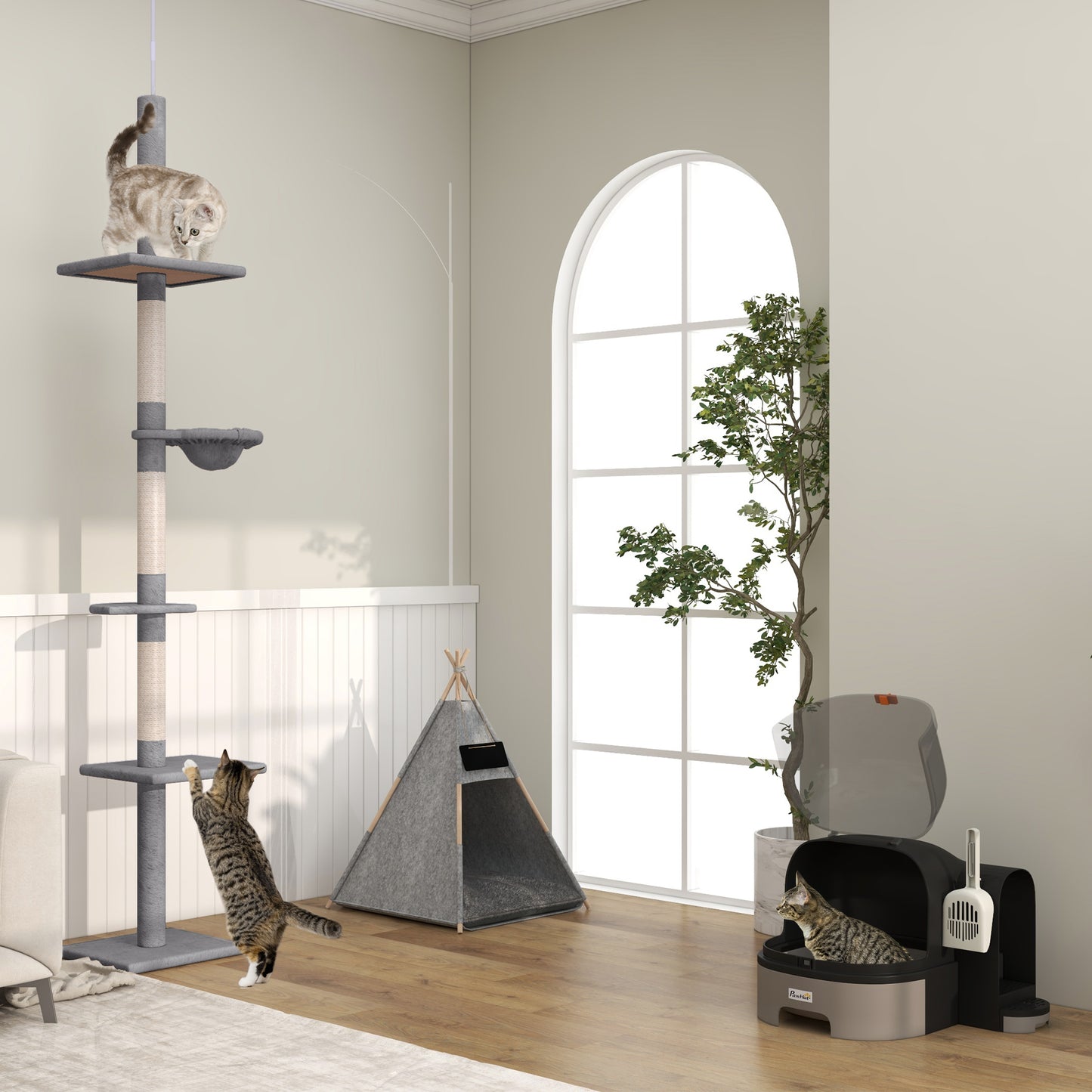 PawHut Kratzbaum Deckenhoch höhenverstellbar, stabiler Katzenbaum mit Sisalsäulen, Katzen Kletterbaum, Grau, 40 x 34 x 230-260 cm