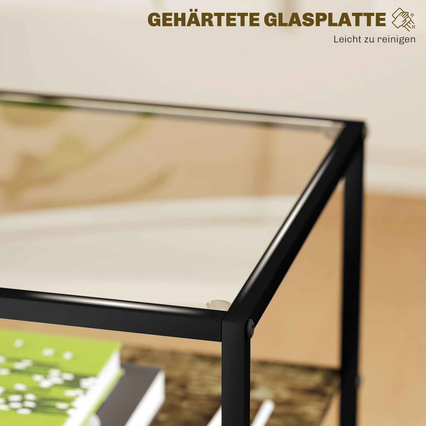 HOMCOM 2er-Set Beistelltische mit Glasplatte, 3-stufiges Design, Metallrahmen, für Wohnzimmer, Schlafzimmer, Braun