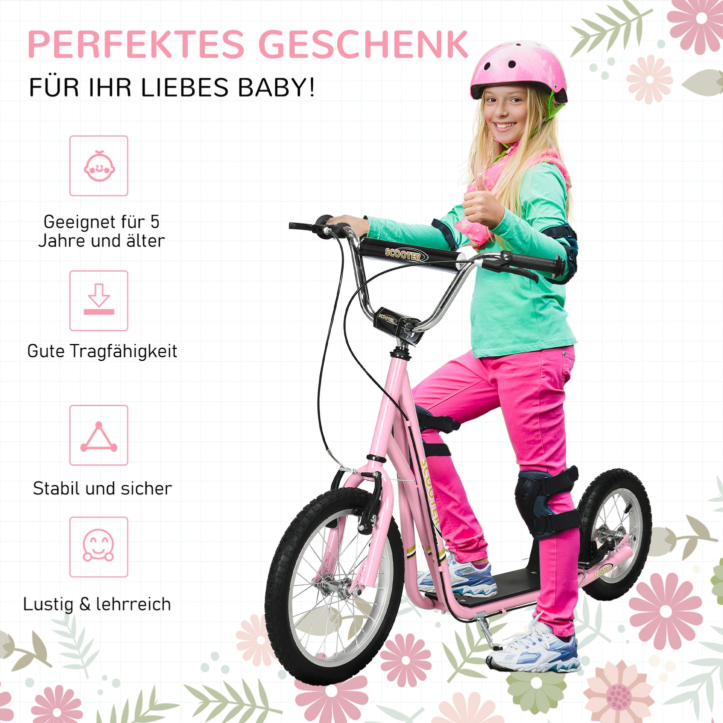 HOMCOM Roller Kinderroller mit Luftreifen Handbremse, 16 Zoll Tretroller Höhenverstellbar Kickscooter für Jungen und Mädchen ab 5 Jahre Kickboard Cityroller Kinder Scooter Rosa