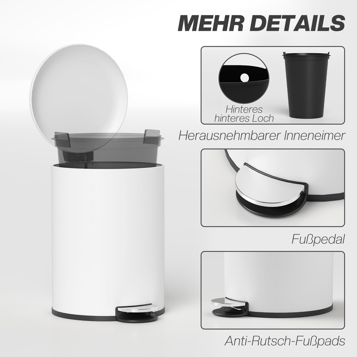 HOMCOM Mülleimer 20L, mit Pedal, Inneneimer, fingerabdrucksicher, leises Schließen, Cremeweiß