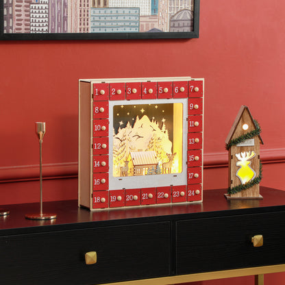 HOMCOM LED Adventskalender mit Dorfszene, 24 große Schubladen, MDF, 34 x 7 x 34 cm, Rot