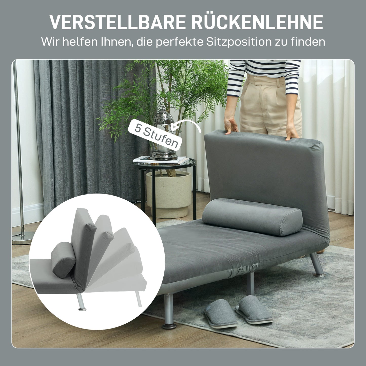 HOMCOM Klappsessel mit Bettfunktion، klappbarer Relaxsessel in Samtoptik، Verstellbare Rückenlehne، 75 × 70 × 75 سم، غراو