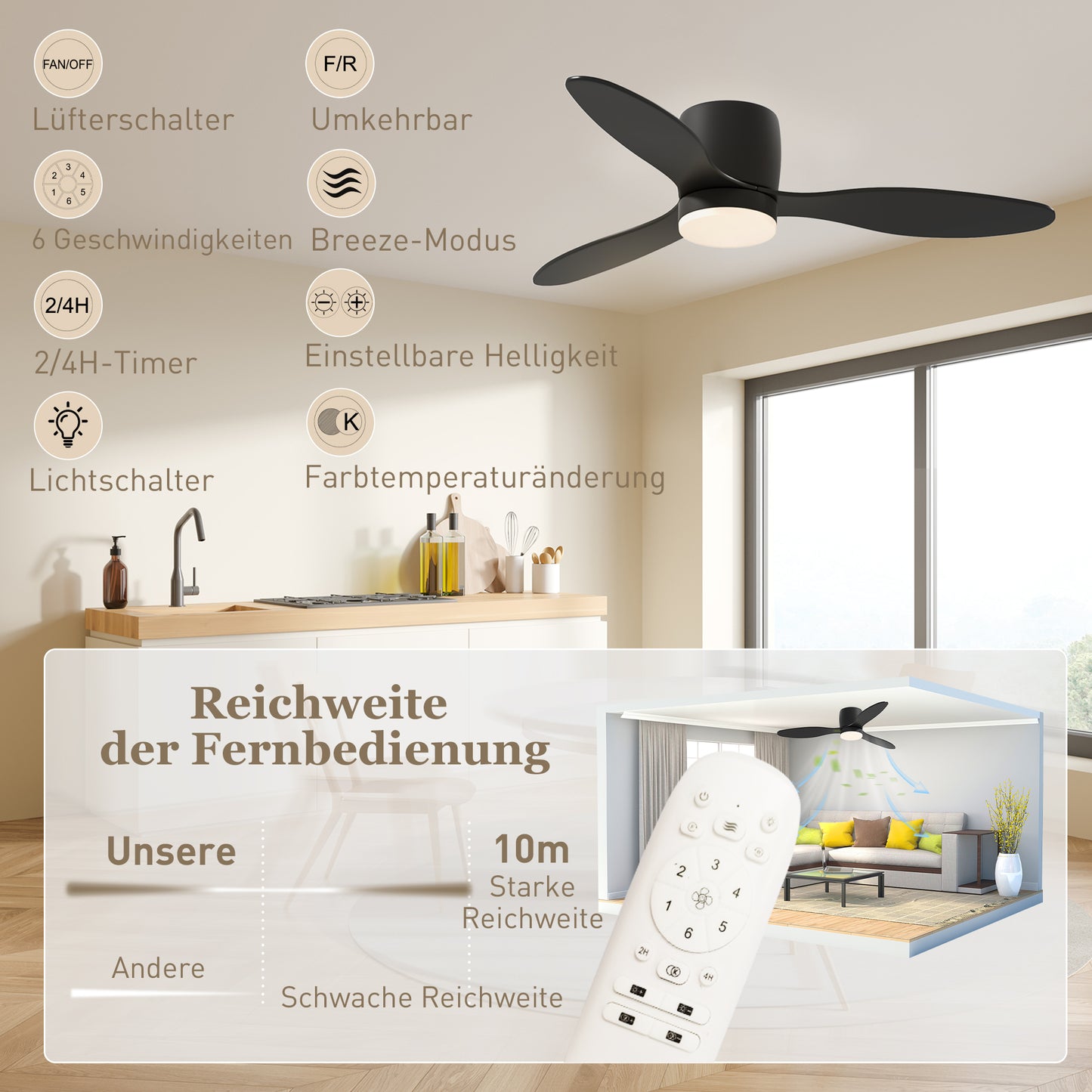 HOMCOM Deckenventilator mit Lampe und Fernbedienung, 3 Lichtfarben, 6 Geschwindigkeiten, Einstellbare Helligkeit, Schwarz