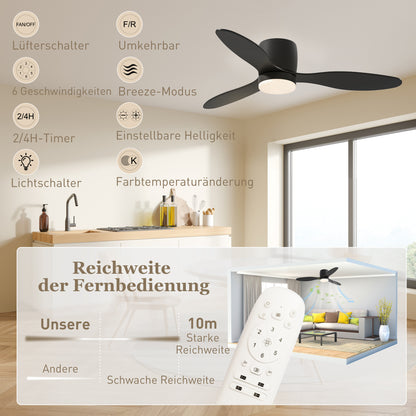 HOMCOM Deckenventilator mit Lampe und Fernbedienung, 3 Lichtfarben, 6 Geschwindigkeiten, Einstellbare Helligkeit, Schwarz