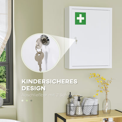 kleankin Medizinschrank, 3 Fächer, abschließbare Tür, stabiles Stahlgehäuse, weiß, 40 x 15 x 53,5 cm