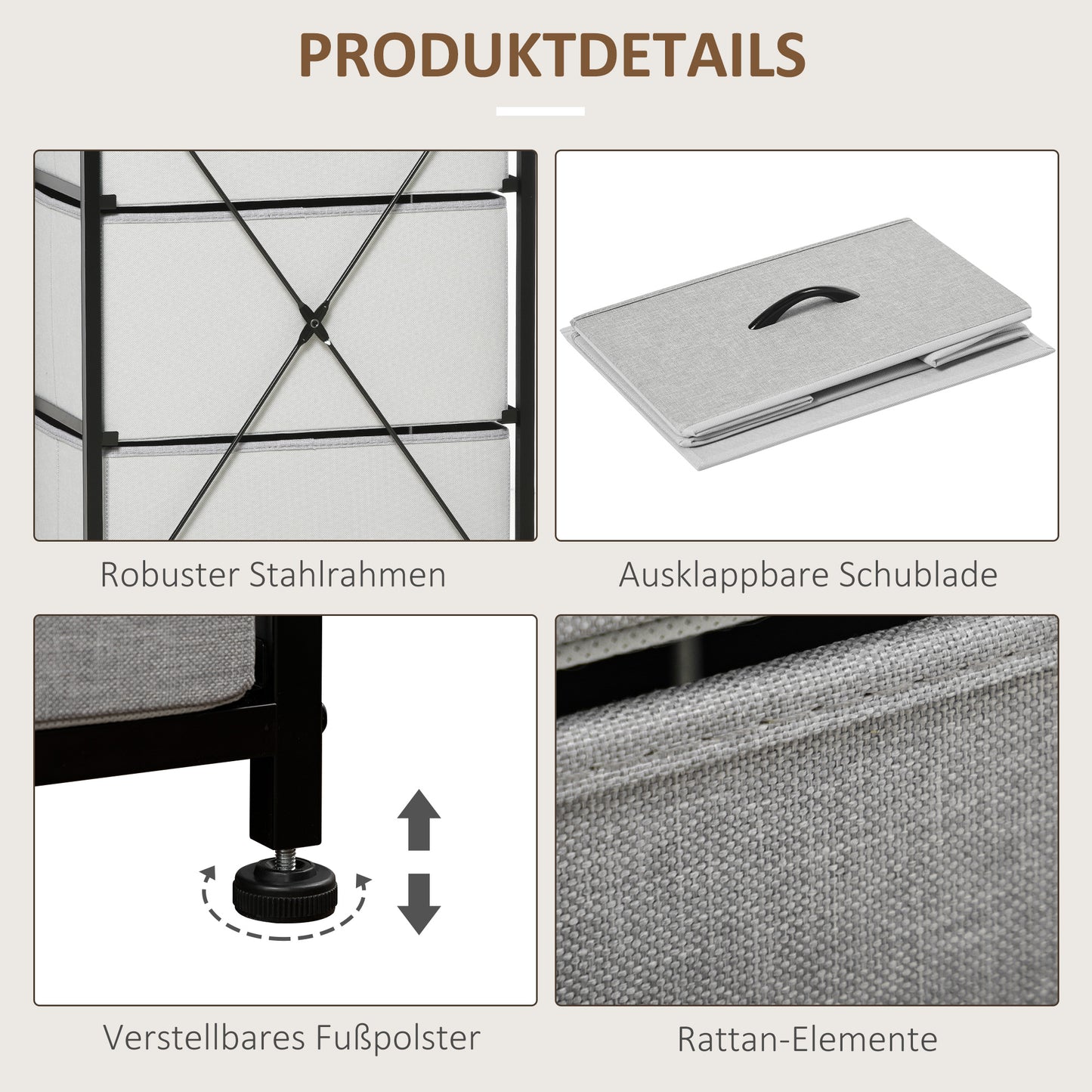 HOMCOM Kommode mit 5 Schubladen aus Stoff Aufbewahrungsschrank mit Griffen 45 x 30 x 116 cm Grau