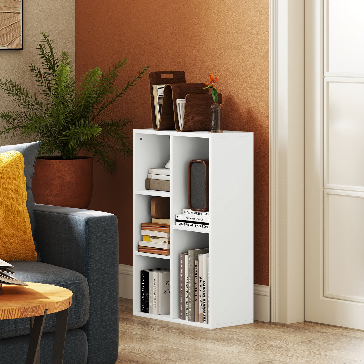 HOMCOM 2-Ebenen-Bücherregal, 5 Fächer, Spanplatte, Aufbewahrungsregal, Weiß
