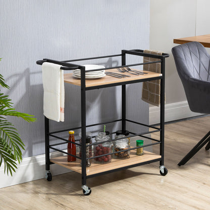 HOMCOM Küchenwagen Servierwagen mit 2 Ablagen, Reling, Stahl, Schwarz+Holz 82 x 40 x 75cm