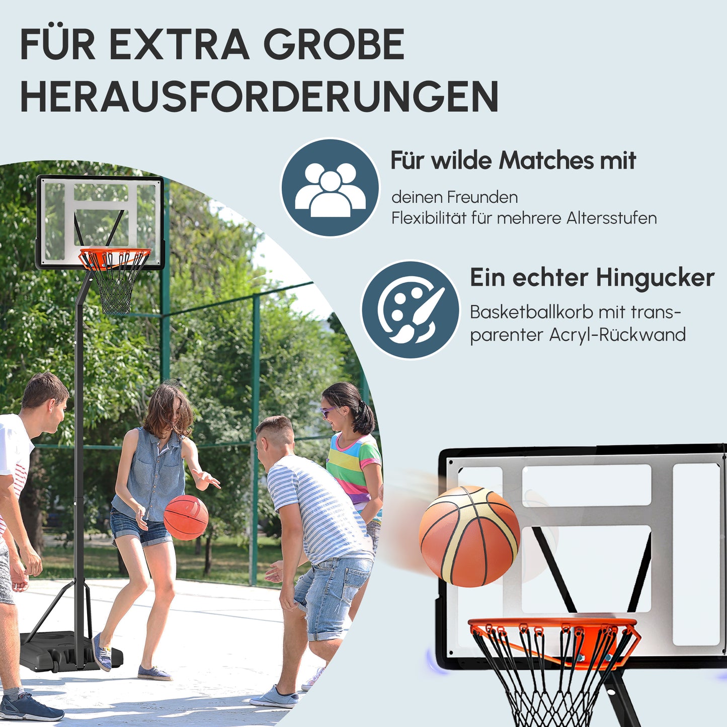 HOMCOM Basketballkorb Outdoor mit Ständer, 255–305cm Höhenverstellbar Basketballständer mit Rollen, Basketball-Backboard Ständer, Basketballanlage, Stahl