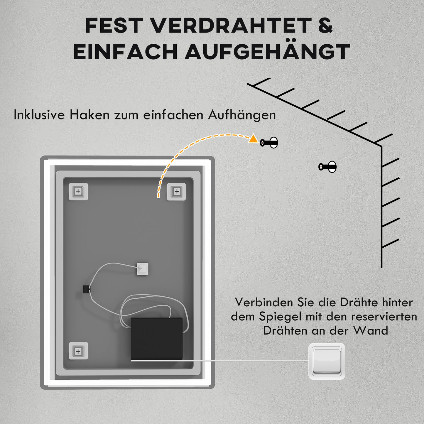 HOMCOM Badspiegel Badezimmerspiegel Wandspiegel LED´s. Ber, gsschalter, Antibeschlagfunktion, 60 x 80 x 4 cm, Weiß