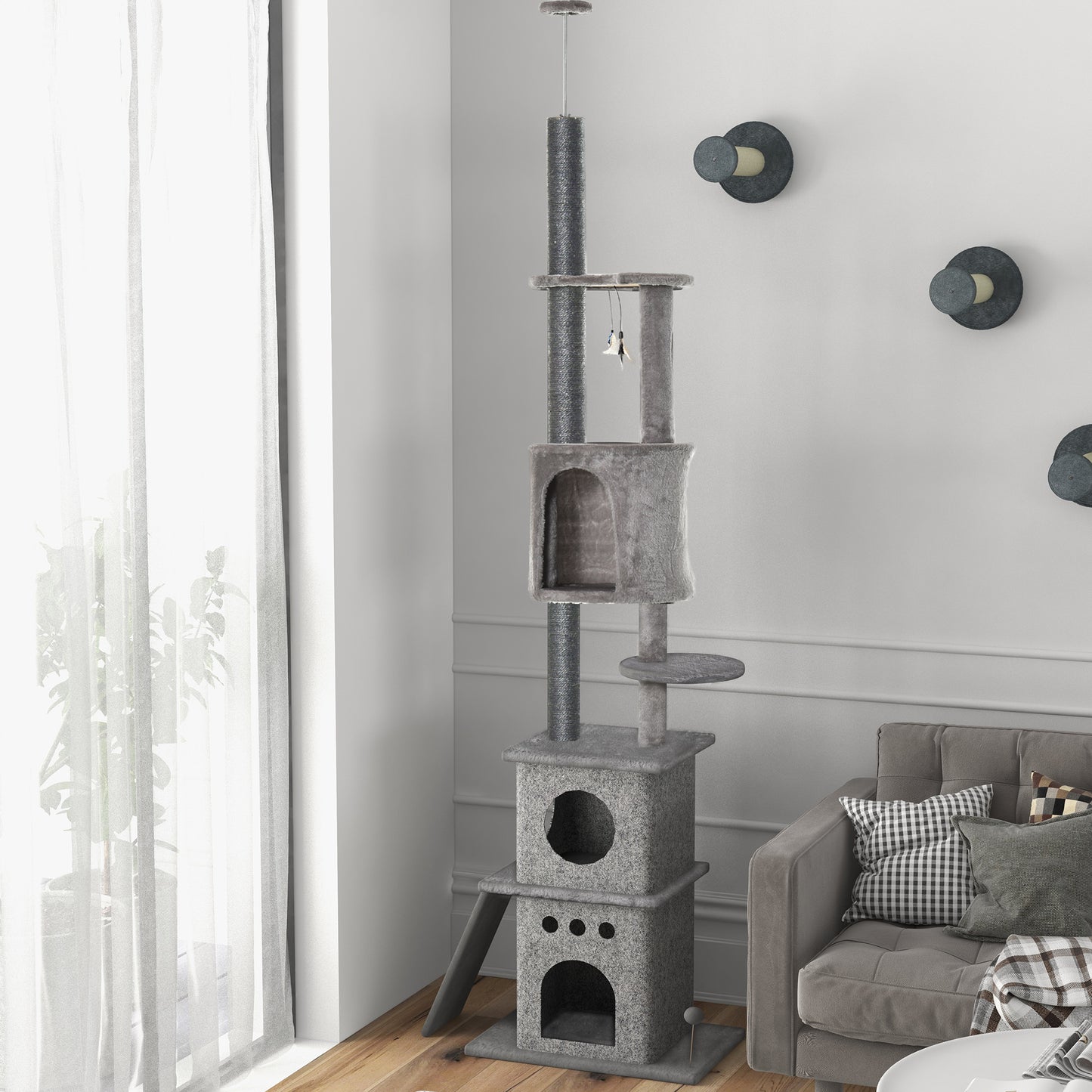 PawHut Kratzbaum Katzenbaum Deckenhoch Kletterbaum mit Katzenspielzeug Sisal Plüsch Hellgrau höhenverstellbar 60 x 40 x 225-255 cm