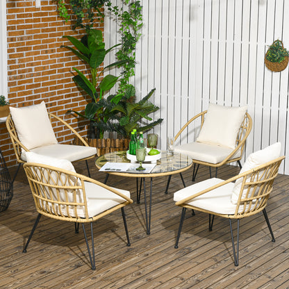 Outsunny 5-teilige Gartensitzgruppe، Boho-Stil، 1 Esstisch &amp; 4 Stühle، Auflagen، Polyrattan، بيج / طبيعي