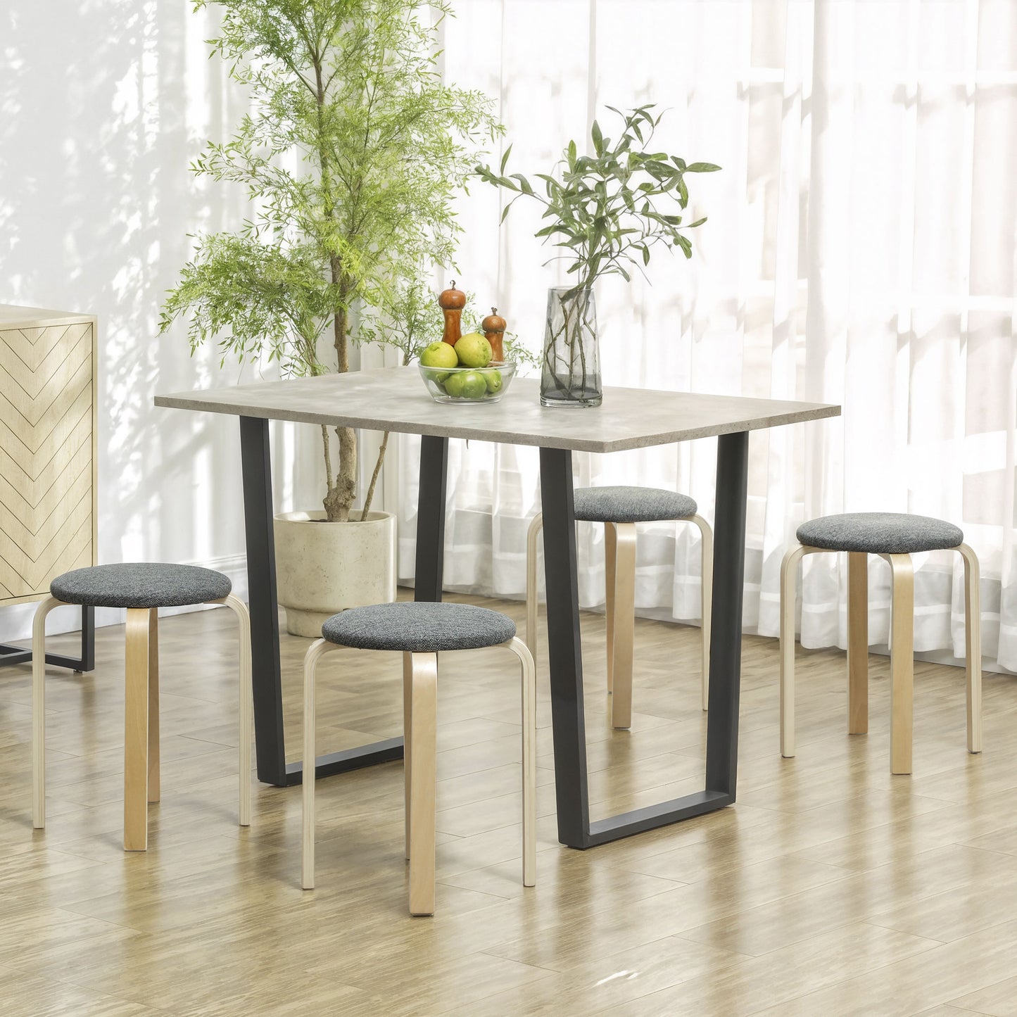 HOMCOM Polsterhocker im 4er-Set, stapelbar, lackierte Oberfläche, Holzbeine, Grau