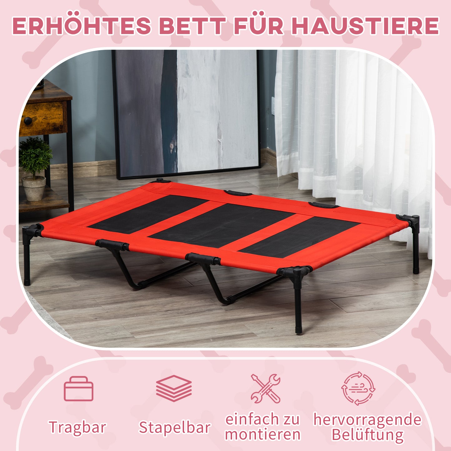 PawHut Hundebett, faltbar, Outdoor-Hundebett, erhöhter Stand, 122 cm x 92 cm x 23 cm, Rot + Schwarz