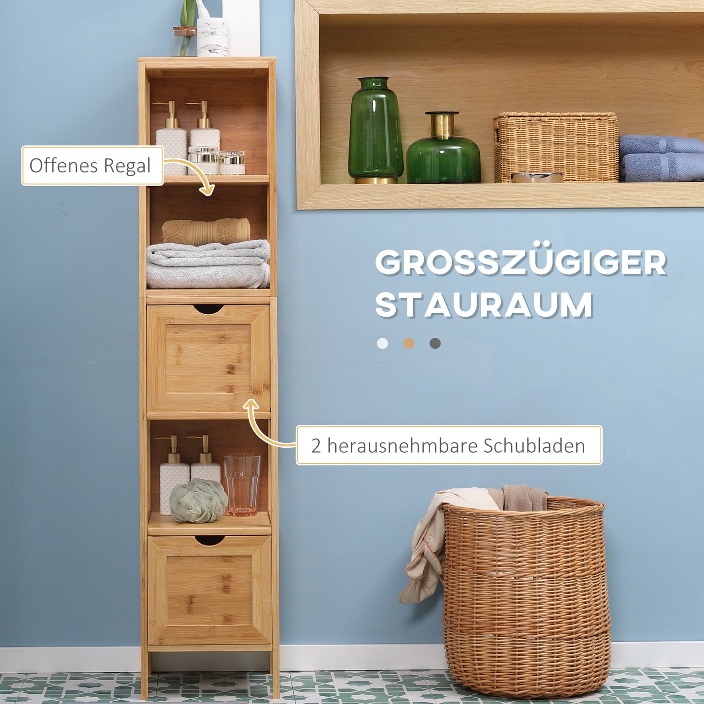 kleankin Badezimmerschrank, 3 Regale, 2 Schubladen, Bambus, 30 cm x 30 cm x 140 cm, Natur