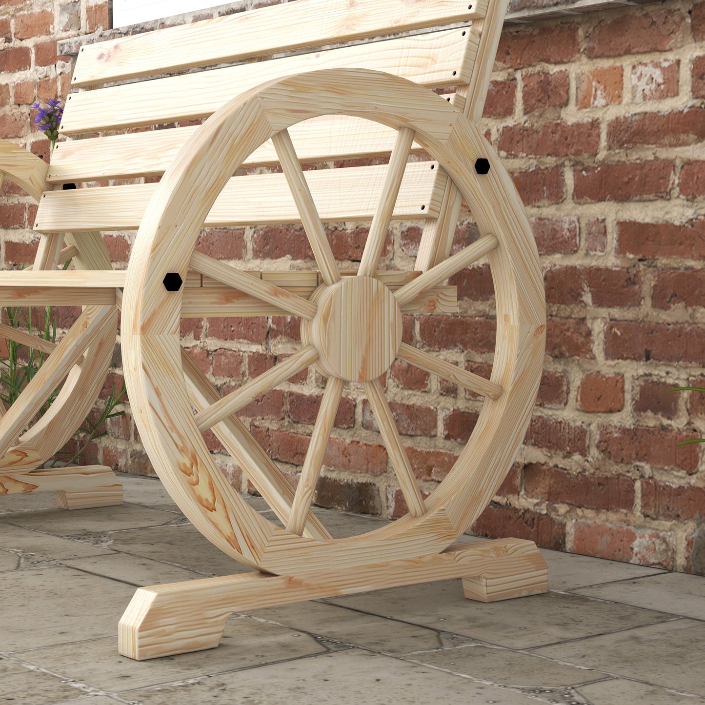 Outsunny Gartenbank, Wagenrad-Design, für 2 Personen, Naturholz, dunkelbraun, 105,5 x 56 x 79 cm, Natur