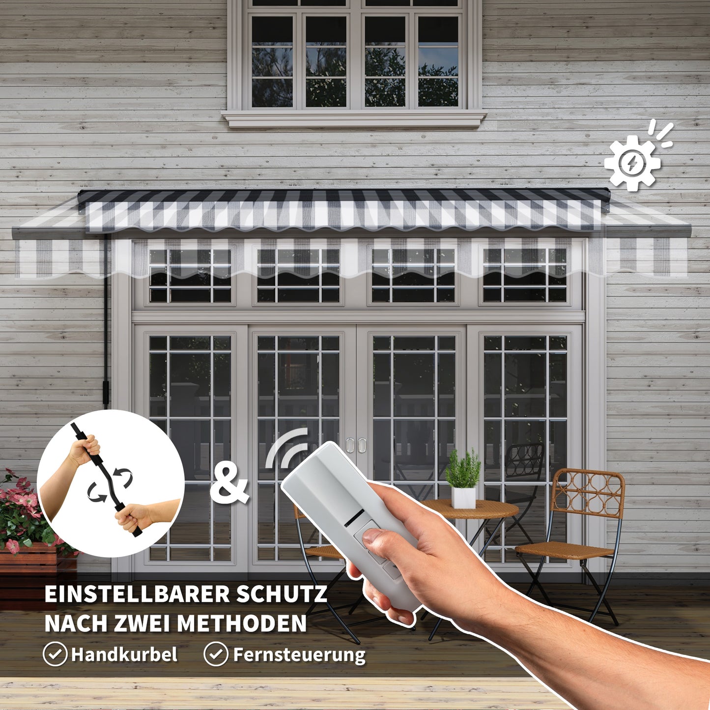 Outsunny Sonnenmarkise Markise Terrassenmarkise, wetterbeständig, 1 Handkurbel, 395 x 250 x 150 cm, Grau + Weiß