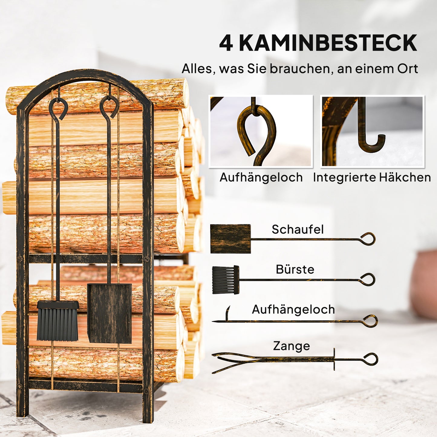 Outsunny Kaminholzregal für innen 43 x 30 x 74cm 2 Ebenen Brennholzregal mit 4 Kaminwerkzeug, هاكن
