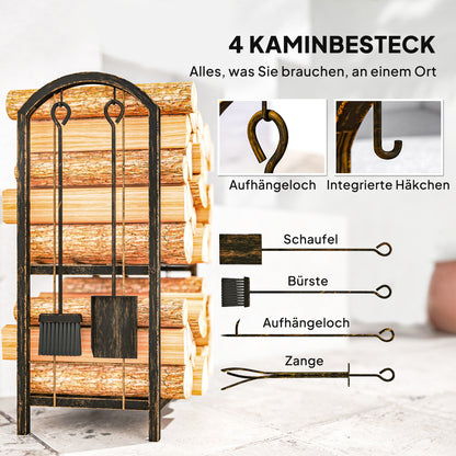 Outsunny Kaminholzregal für innen 43 x 30 x 74cm 2 Ebenen Brennholzregal mit 4 Kaminwerkzeug, هاكن