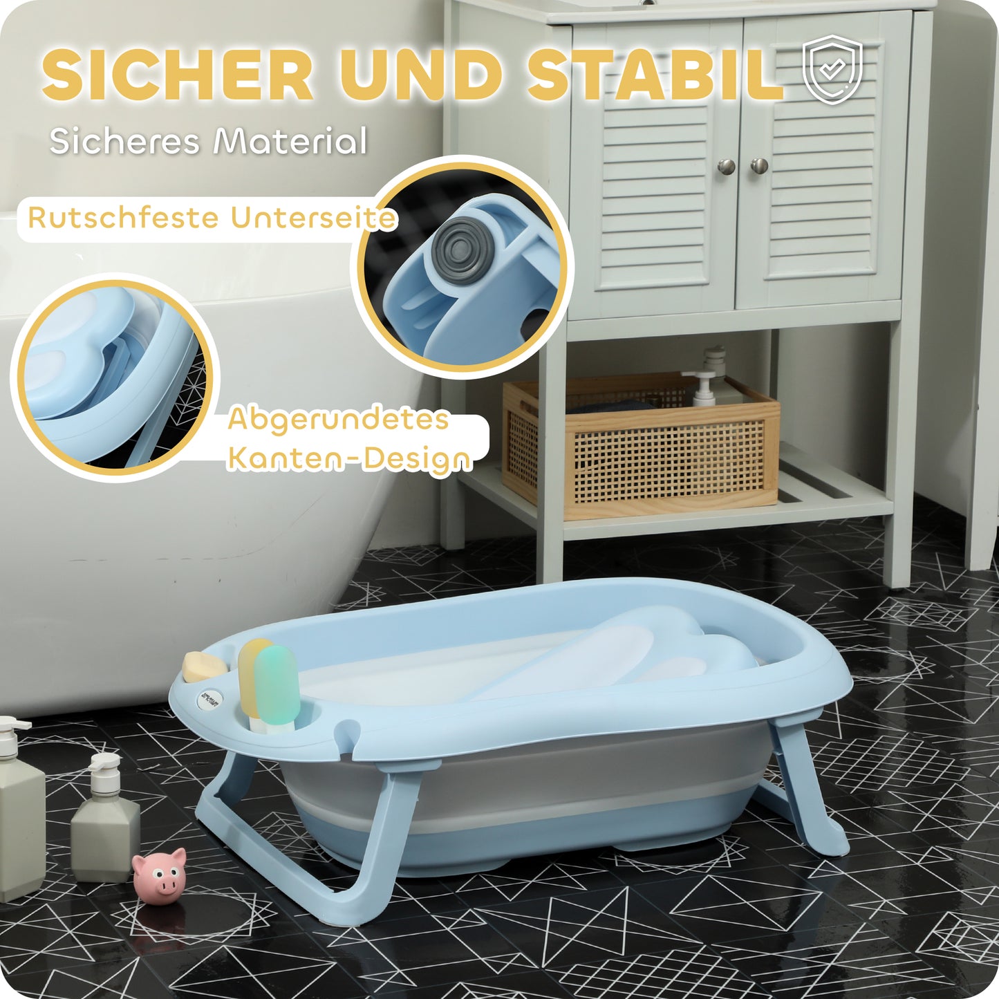 AIYAPLAY Babybadewanne, faltbar, rutschfester Boden, sichere Materialien, 83L x 48B x 23,5H cm, Hellblau