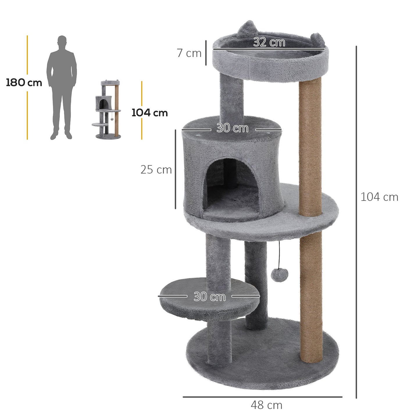 PawHut Katzenbaum 4-Stock Katzenhöhle Katzenhaus mit Spielbällen Sitzstange Sisalsäule und Kratzbrett groß stabil luxuriös Sisal Plüsch Grau 48x48x104 cm