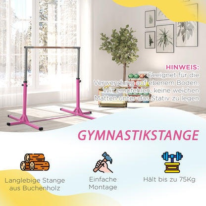 HOMCOM Gymnastik-Turnreck, 13-stufig höhenverstellbar Reckstange, Reck Turnstange aus Holz & stabile Stahlkonstruktion bis 75 kg belastbar, für 3+ Kinder, Indoor, Outdoor, Rosa
