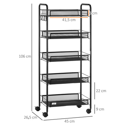 HOMCOM Küchenwagen mit 5 Drahtkörben, 4 Haken, 4 Rollen, 2 Griffe, Stahl/Kunststoff, 45x26,5x106 cm, Weiß