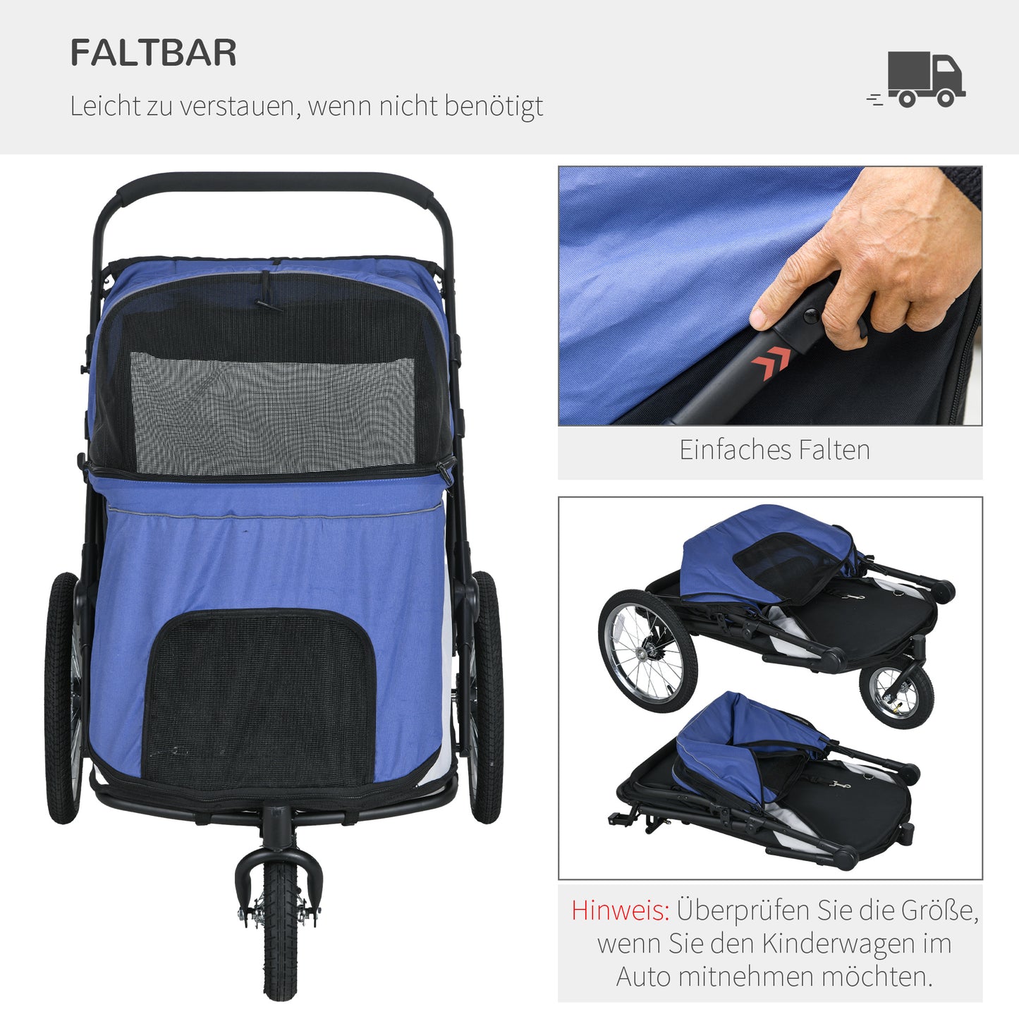 PawHut Hundebuggy, faltbar, aufklappbar, Liegekissen, Stahlrahmen, Blau/Schwarz