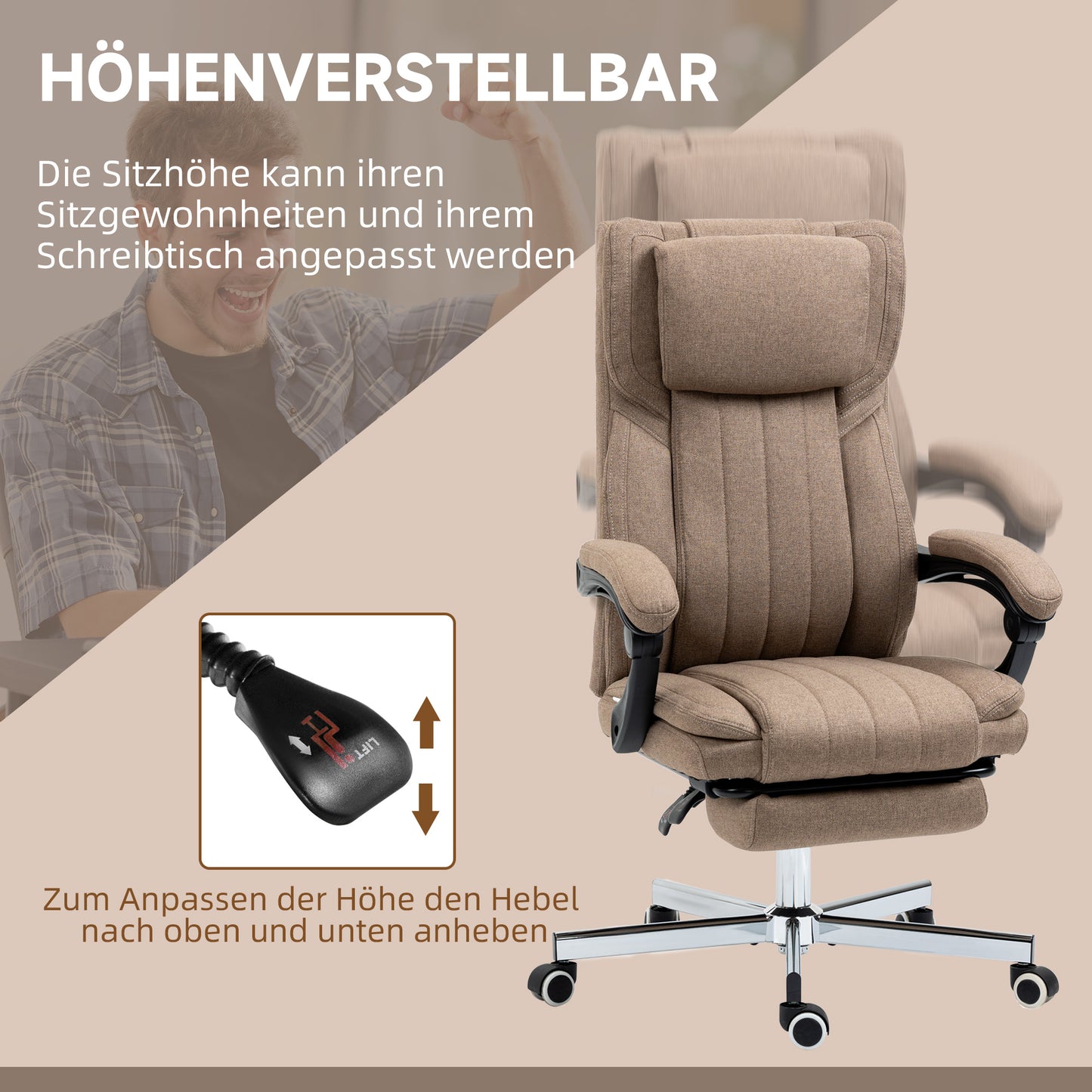 Vinsetto Bürostuhl mit Massagefunktion, neigbare Rücklehne, ausziehbare Fußstütze, Leinenoptik, 65 x 61 x 118 cm, Braun