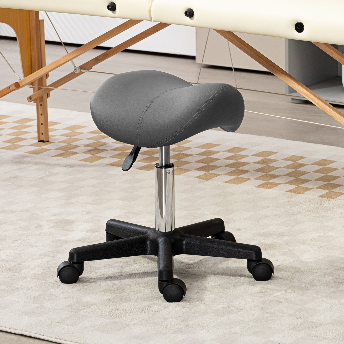HOMCOM Rollhocker, sattelförmiger Sitz, höhenverstellbar, um 360° drehbar, Kunstleder, grau, 48 x 47 x 45-59 cm