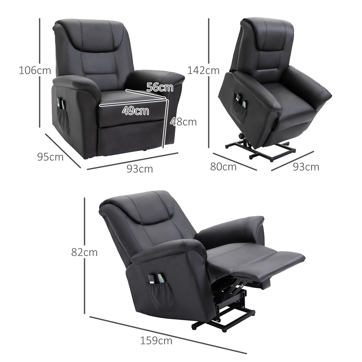 HOMCOM Massagestuhl mit Aufstehhilfe, 8 Vibrationspunkte, Heizfunktion, Fußstütze, Schwarz