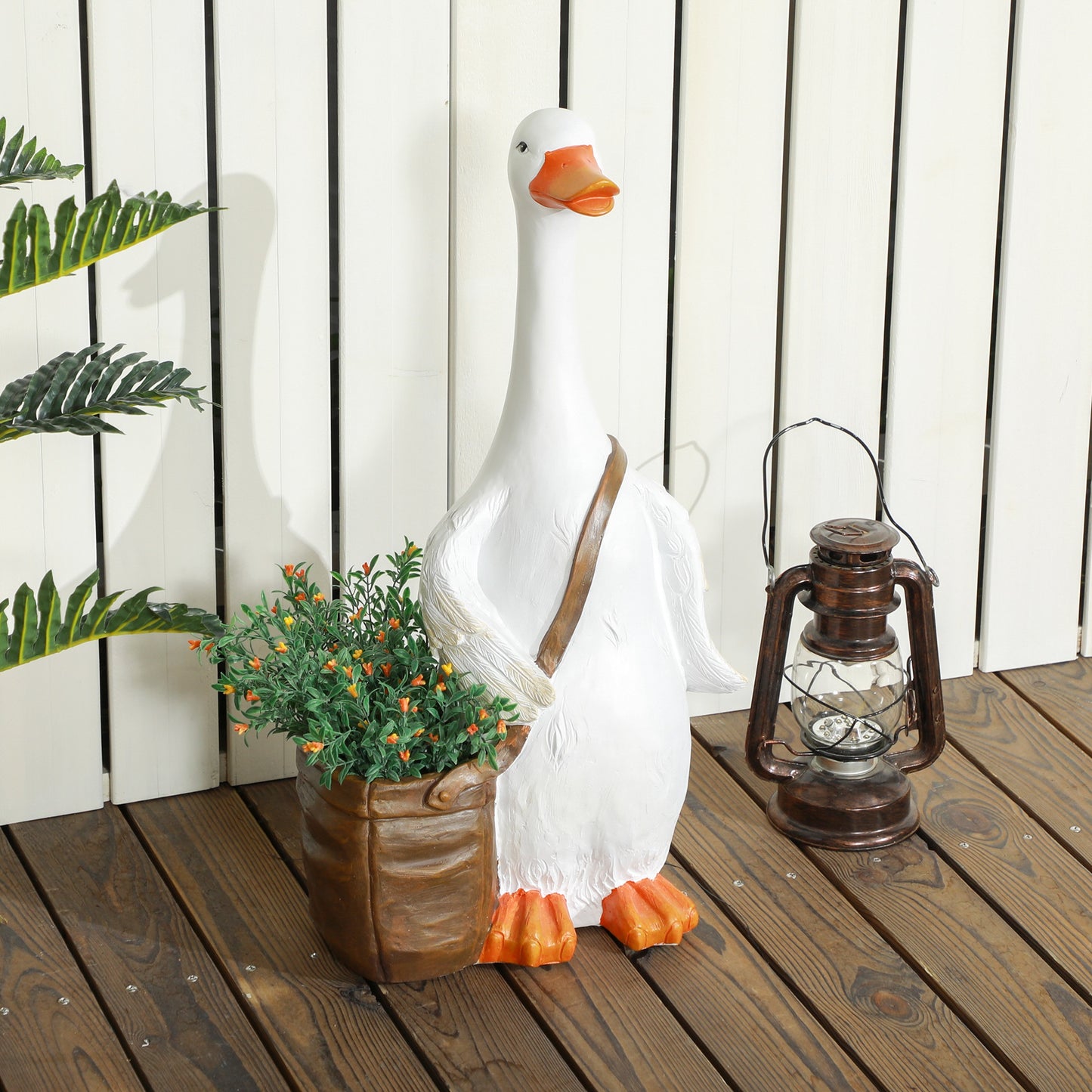 Outsunny Blumentopf, Schwan mit Umhängetasche, wetterfest, 32 x 18 x 60 cm, Weiß, Braun