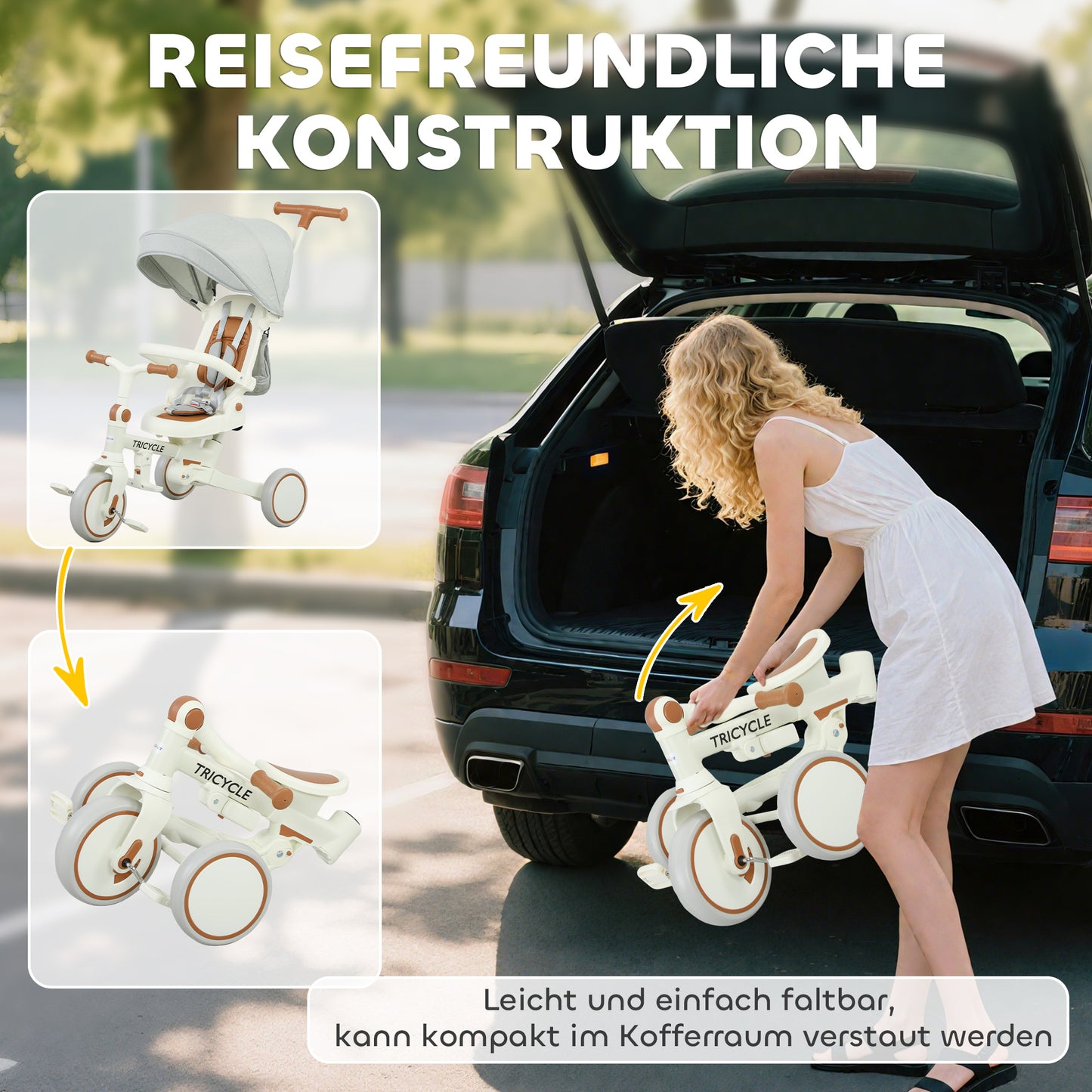 AIYAPLAY Kinder-Dreirad, wandelbarer Baby-Buggy, 5-in-1 Design, abnehmbarer Schiebegriff, verstellbar, Sicherheitsgurt, Aufbewahrungstasche, 1-3 Jahre, Cremeweiß
