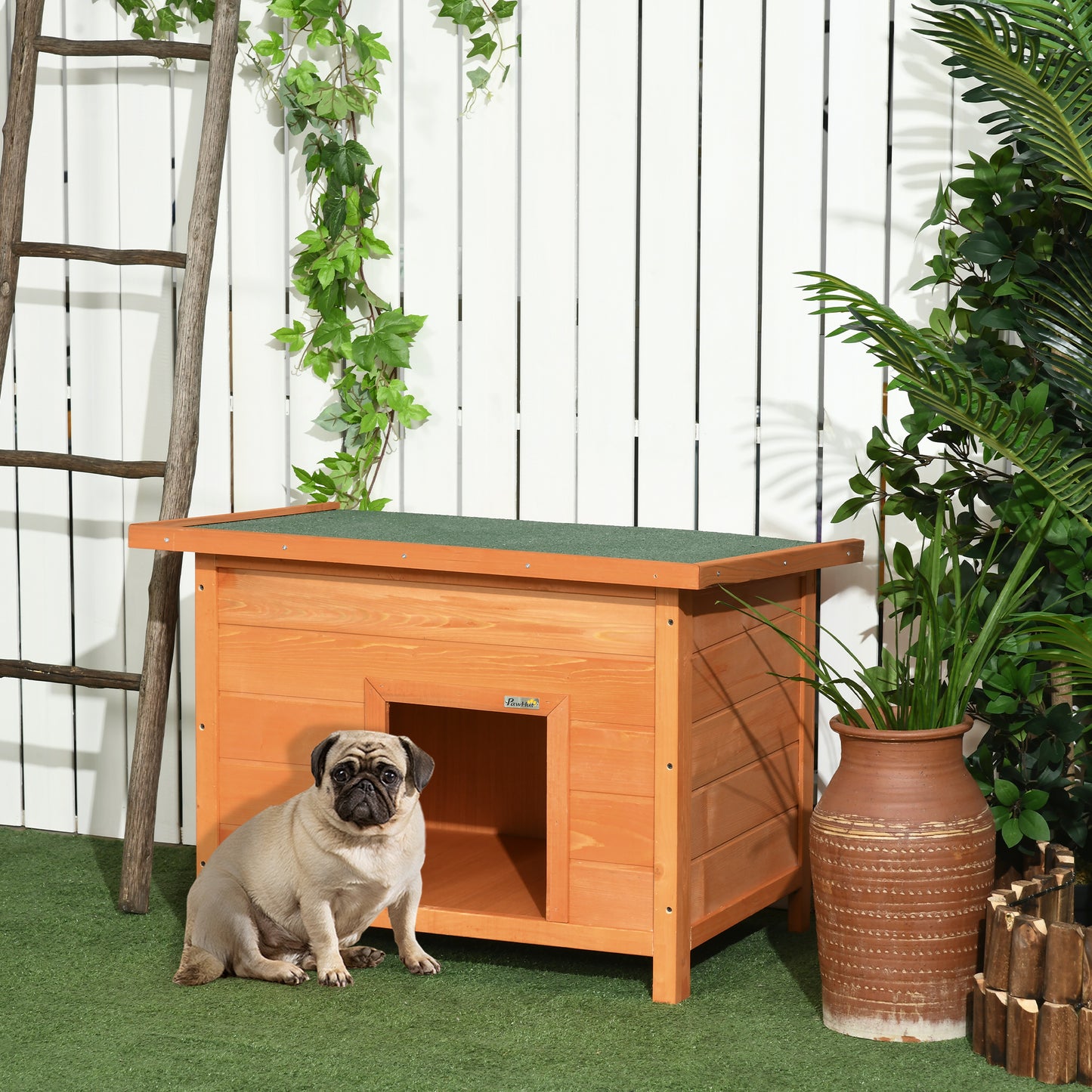 PawHut Hundehütte Outdoor, Hundehaus aus Holz mit Aufklappbares Asphaltdach, Wasserdichte Hundehöhle mit Erhöhter Boden Hütte für kleine Hunde, Gelb, 82 x 58 x 58 cm