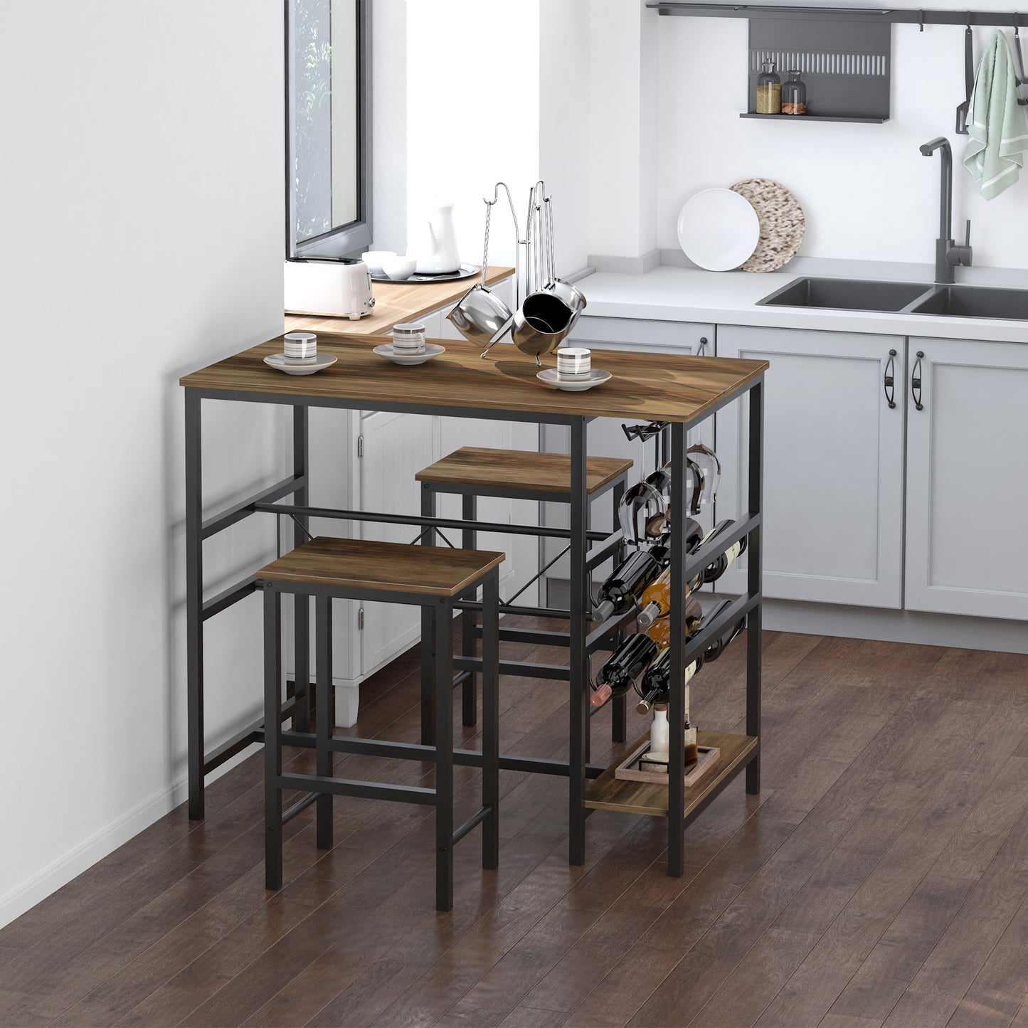 HOMCOM Bartisch-Set, Stehtisch mit 2 Barhockern, 3-teiliges Tischset Küchentresen mit Flaschenhalterung Spanplatte, Stahl, Natur+Schwarz, 108 x 60x 95H cm