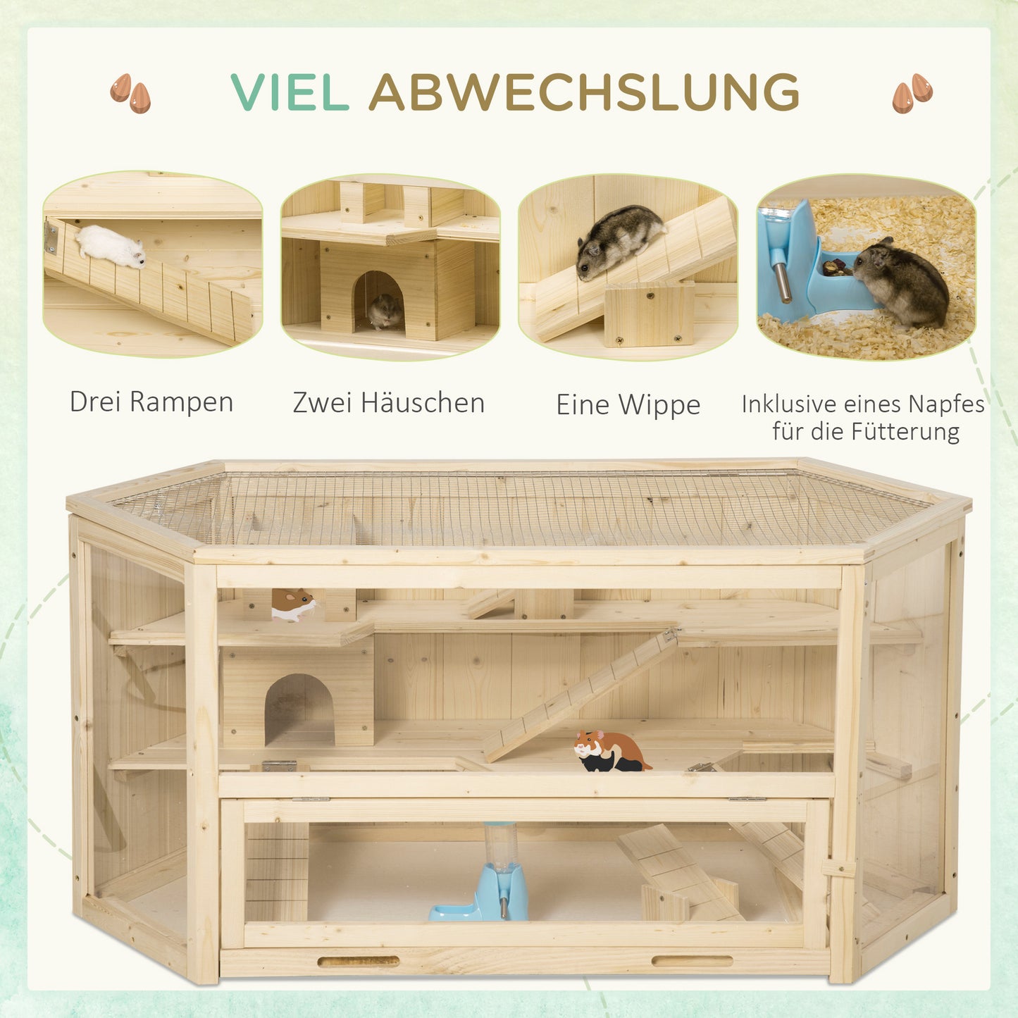 PawHut Kleintierkäfig, Nagerkäfig, Nagerheim mit 1 Rampe, 1 Wippe, herausnehmbare Bodenwanne, Tannenholz, Natur