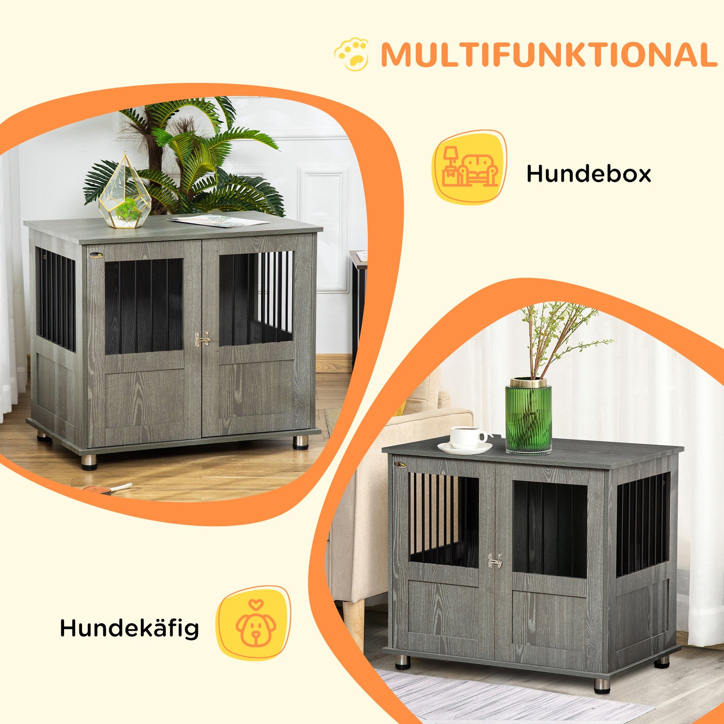 PawHut Hundebox, Haustierbox, Hundehütte mit Schloss, Magnettür, Hundehaus mit Fenster, für große Hunde, 85 x 55 x 75 cm, Grau