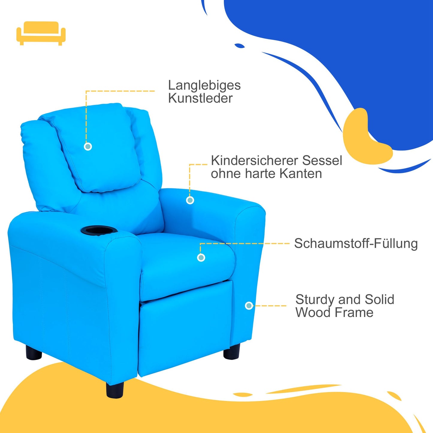 HOMCOM Kindersessel mit neigbarer Rücklehne 62 x 52 x 69cm Massivholzrahmen Blau