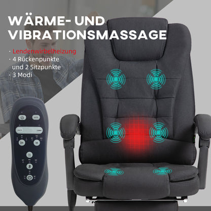 Vinsetto Bürostuhl mit Massagefunktion, Ergonomischer Schreibtischstuhl mit Liege- & Wärmefunktion, höhenverstellbar, Schwarz