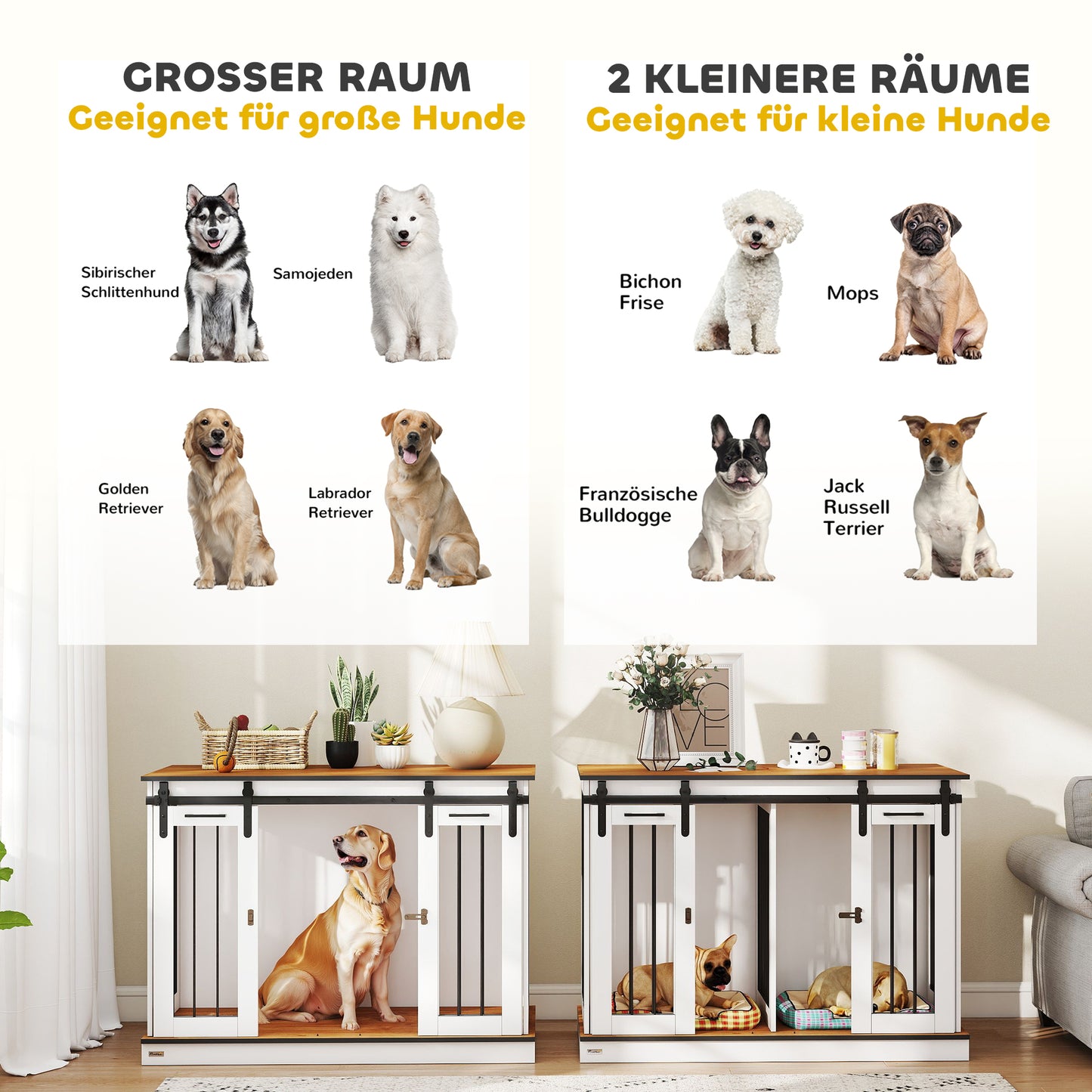 PawHut Hundekäfig mit 2 Türen, Hundebox, Transportbox für Hunde, rustikales Design, verriegelbar, Weiß