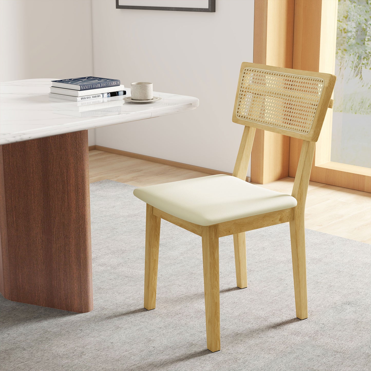 HOMCOM Esszimmerstuhl, Rattan-Rückenlehne, Kunstleder-Sitz, Kautschukholz, Naturholz