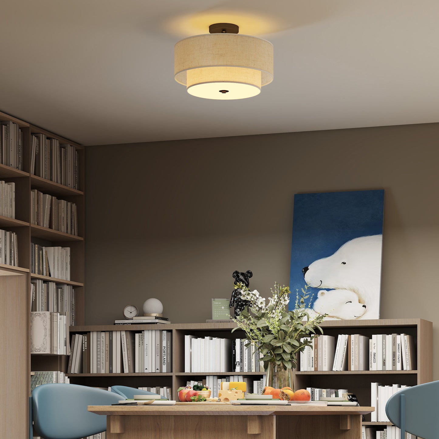 HOMCOM Deckenlampe, Hängeleuchte mit doppelten Schirmen in Leinenoptik, Cremeweiß