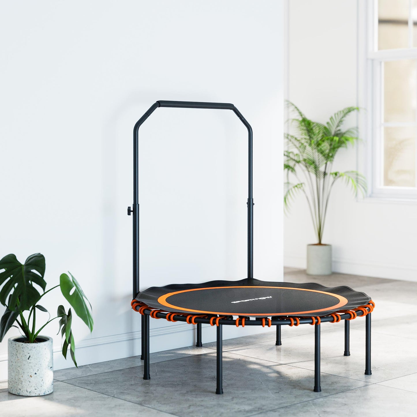 SPORTNOW Fitness-Trampolin mit verstellbarem Handlauf, Sport-Trampolin für drinnen und draußen, Stahl, Kunststoff, Orange