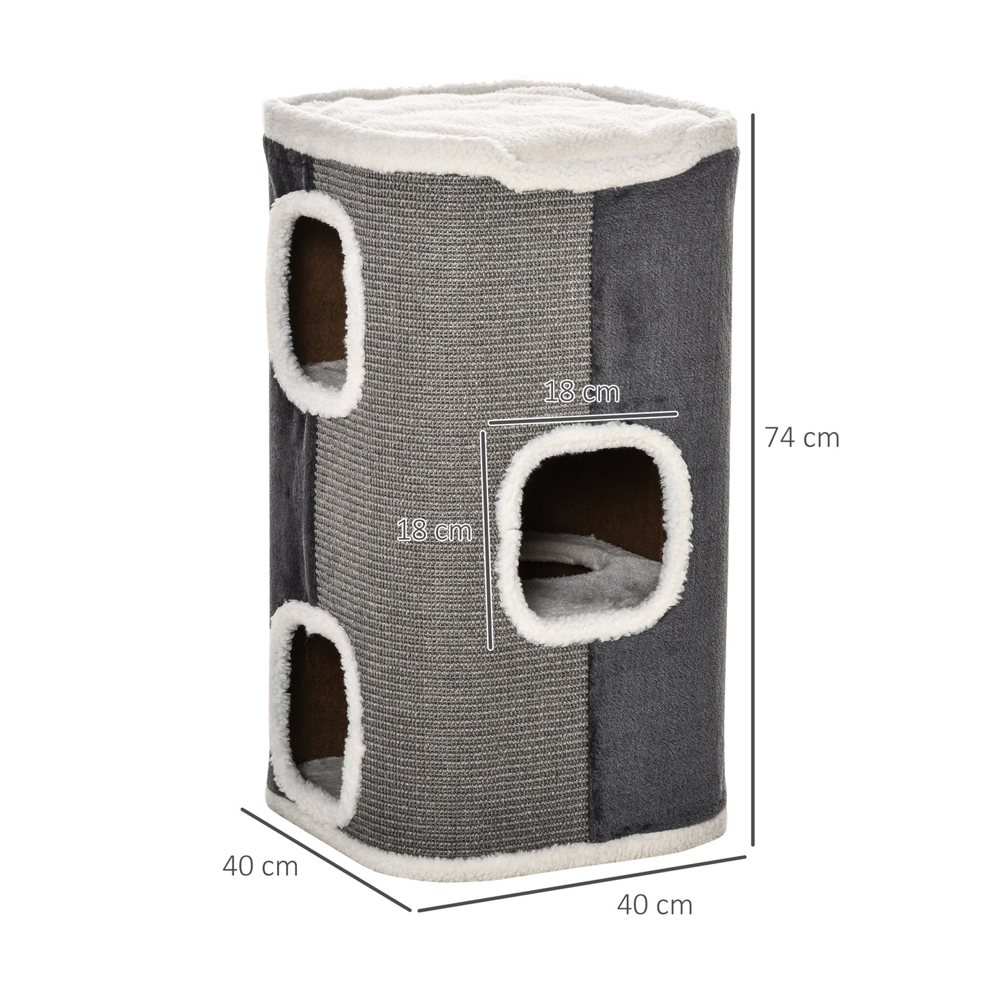 PawHut Kratztonne für Katzen Katzenkratzbaum 3 Ebenen Katzenbaum Kletterbaum für Katzen Katzenmöbel Spanplatte samtartiges Polyester Sisal Grau+Weiß 40 x 40 x 74 cm
