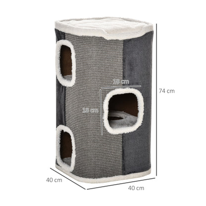 PawHut Kratztonne für Katzen Katzenkratzbaum 3 Ebenen Katzenbaum Kletterbaum für Katzen Katzenmöbel Spanplatte samtartiges Polyester Sisal Grau+Weiß 40 x 40 x 74 cm