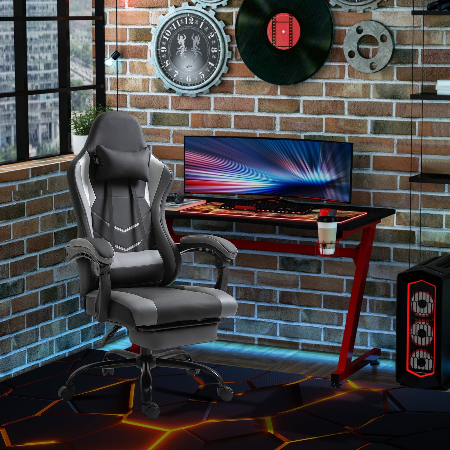 Vinsetto Ergonomischer Gaming Stuhl Bürostuhl Schreibtischstuhl, Drehstuhl Höhenverstellbar, Verstellbares Lendenkissen mit Fußstützen Schwarz 62x52x128 cm