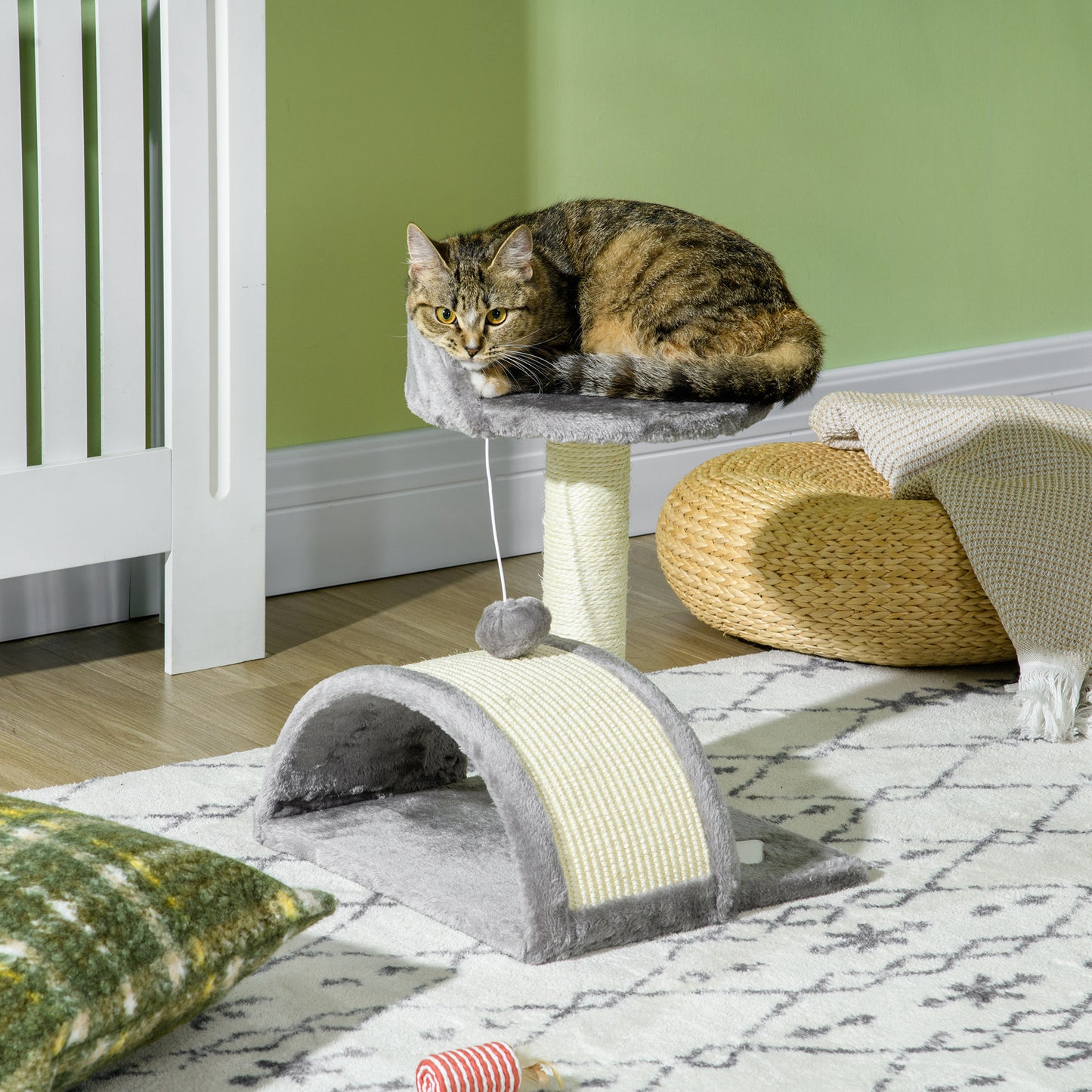 PawHut Kratzbaum 46 cm Kleiner Katzenturm mit Höhle, Spielball, Sisal-Seil, erhöhter Plattform, Katzenkratzbaum, Kletterbaum, für Katzen bis zu 4 kg, Grau