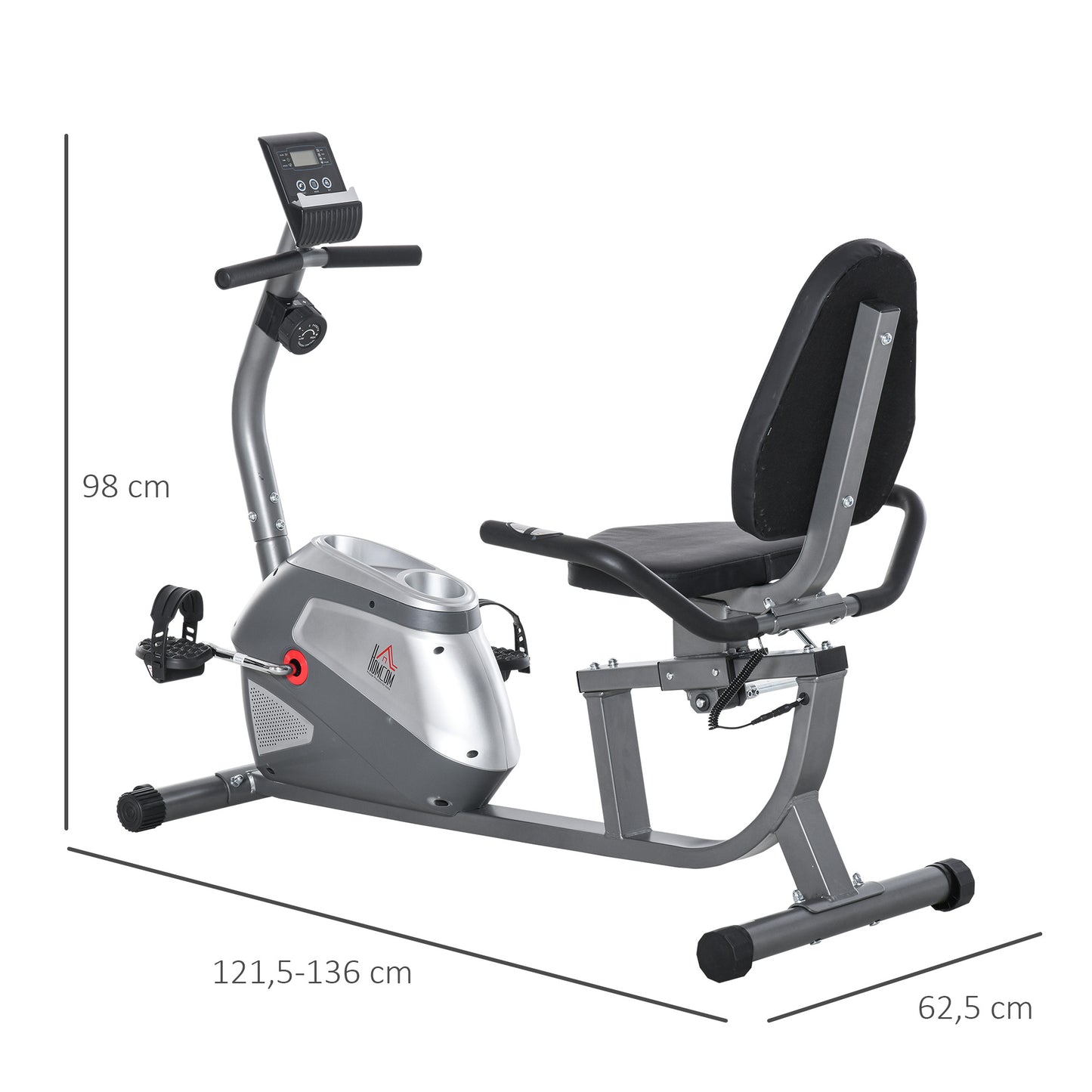HOMCOM Liegeergometer mit LCD-Anzeige 8 stufig einstellbarem Magnetwiderstand Liegeheimtrainer mit Herzfrequenzsensoren, verstellbarer Rückenlehne, Nutzergewicht bis 110 kg für zu Hause Gym