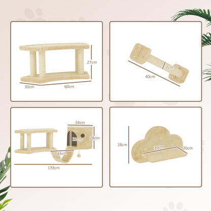 PawHut 5-teiliges Katzen-Kletterset mit Kratzpfosten, Sprungplattformen, Leiter, Haus, Wandmontage, Beige